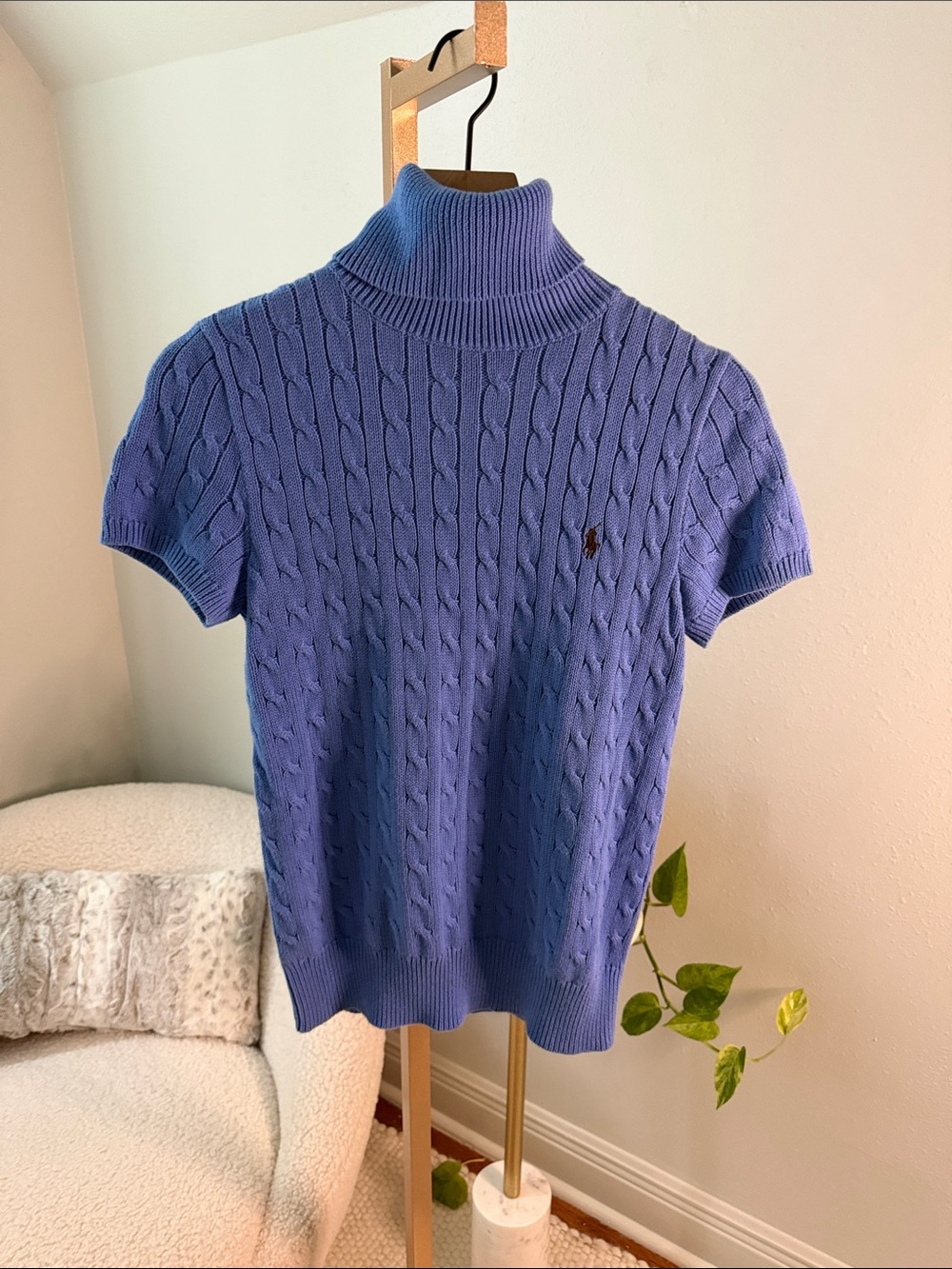 Ralph Lauren Blue Cable-Knit Short-Sleeve Turtleneck Sweater